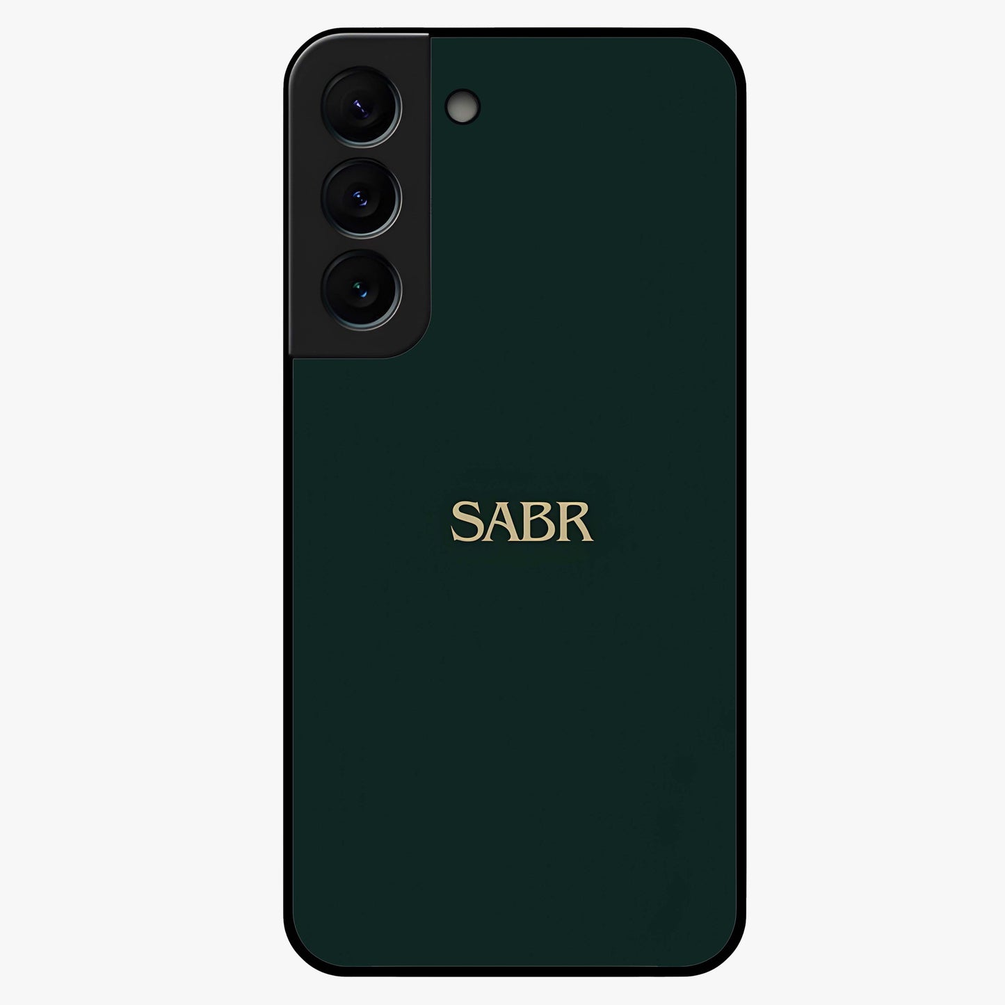 Sabr Minimal Patience Glass Case showing flat back view with minimalist typography artwork and glossy glass finish.