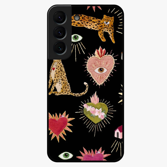 Sacred Jungle Heart Glass Case showing flat back view with jungle inspired heart artwork and glossy glass finish.