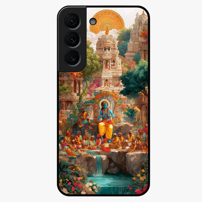 Sacred Sunlight Gods Glass Case showing flat back view with divine sunlight themed artwork and glossy glass finish.
