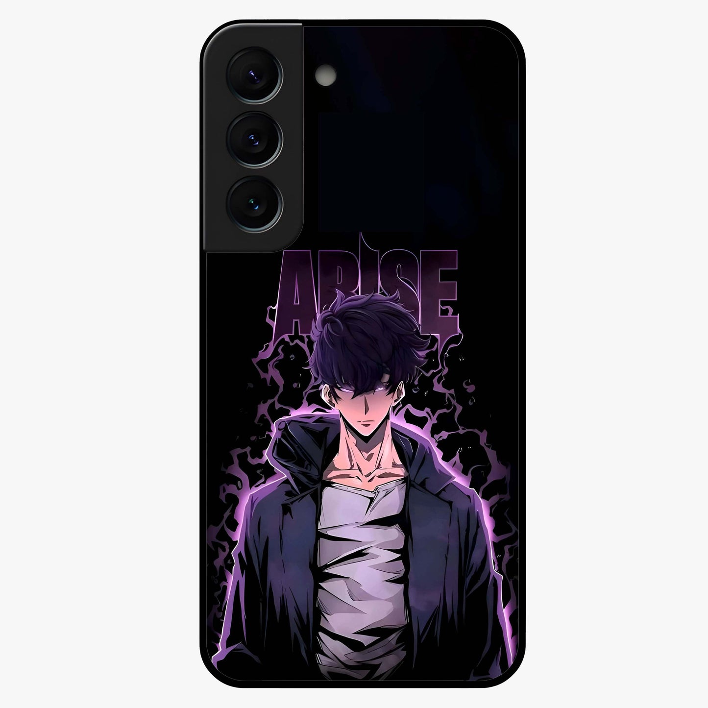 Shadow Monarch Awakening Glass Case showing flat back view with powerful dark monarch themed artwork and glossy glass finish.