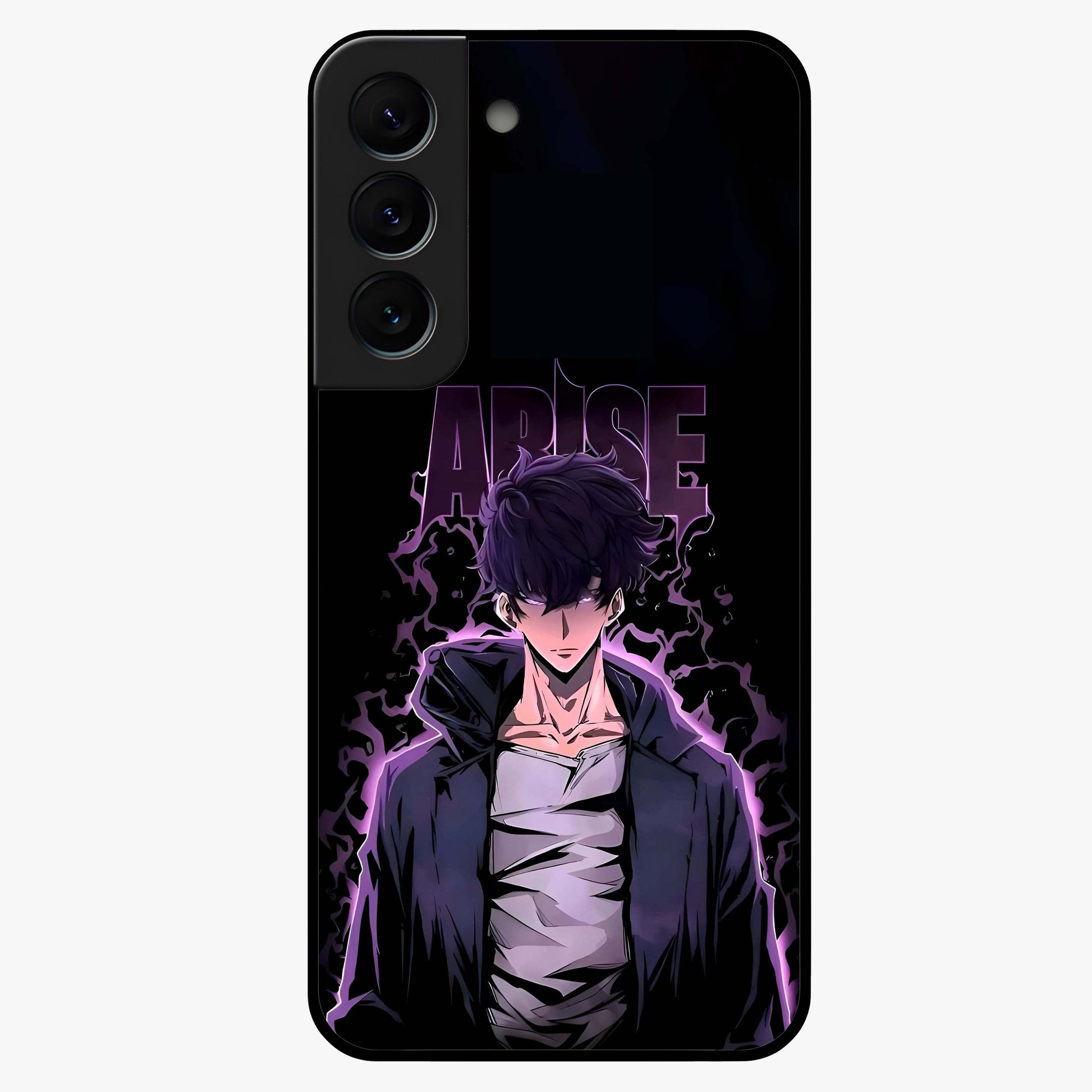 Shadow Monarch Awakening Glass Case showing flat back view with powerful dark monarch themed artwork and glossy glass finish.