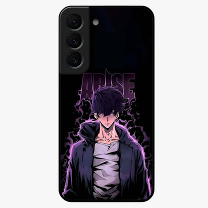 Shadow Monarch Awakening Glass Case showing flat back view with powerful dark monarch themed artwork and glossy glass finish.