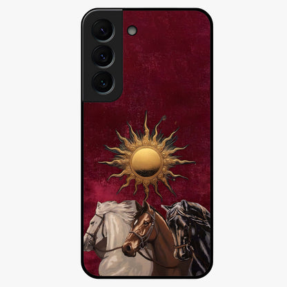 Solar Riders Glass Case showing flat back view with dynamic rider themed artwork and glossy glass finish.