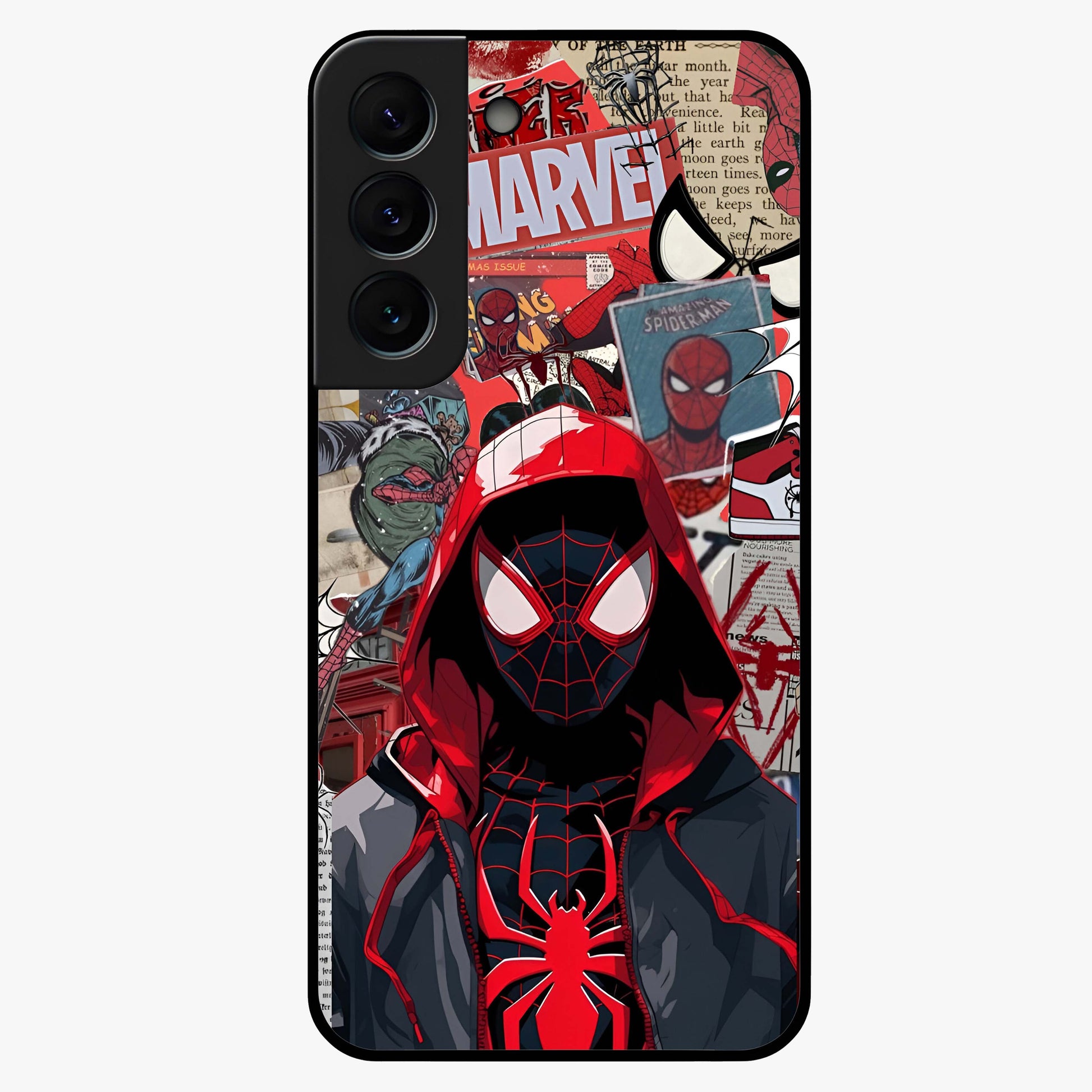 Spider Collage Street Glass Case showing flat back view with vibrant superhero collage artwork and glossy glass finish.