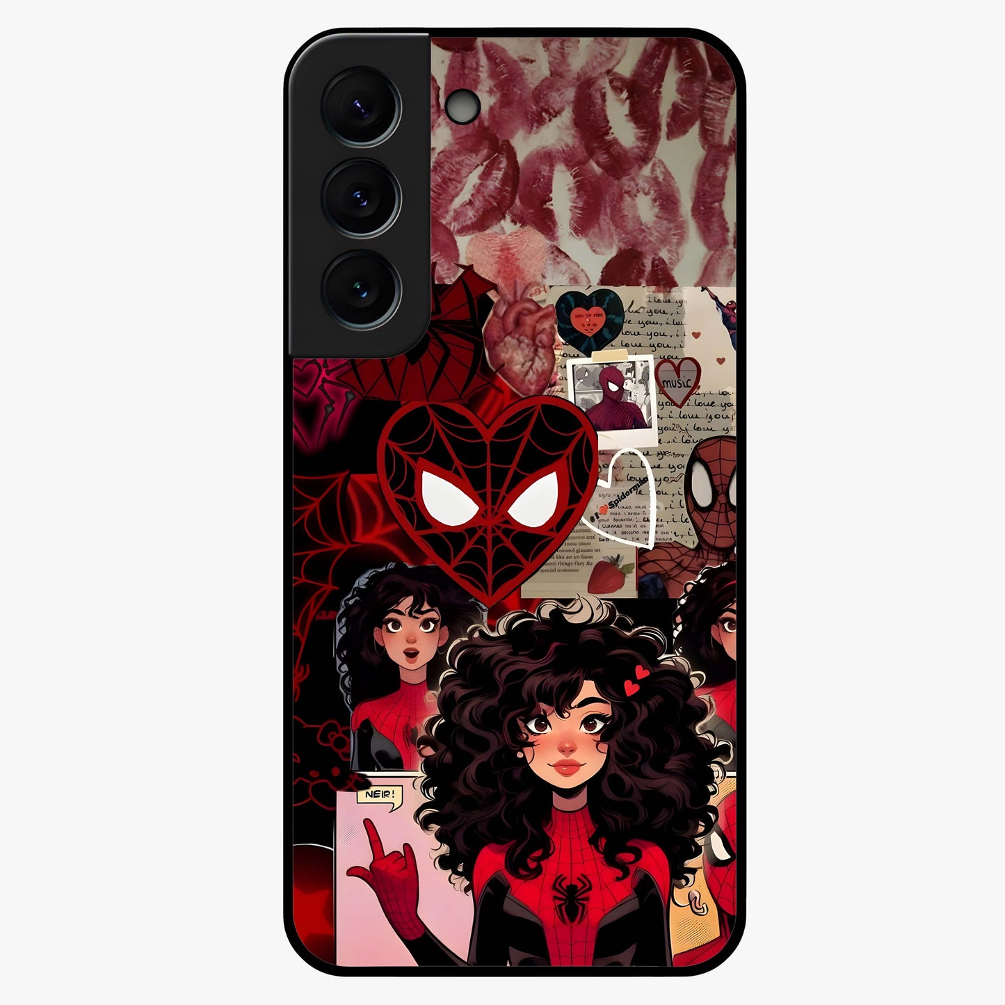 Spider Love Story Glass Case showing flat back view with romantic superhero themed artwork and glossy glass finish.