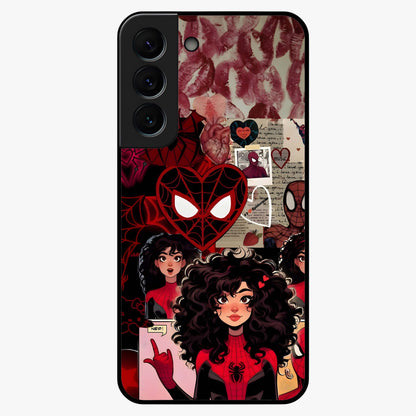 Spider Love Story Glass Case showing flat back view with romantic superhero themed artwork and glossy glass finish.