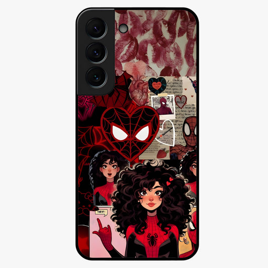 Spider Love Story Glass Case showing flat back view with romantic superhero themed artwork and glossy glass finish.