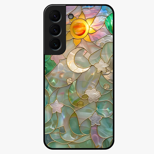 Stained Sunrise Glow Glass Case showing flat back view with glowing sunrise stained pattern artwork and glossy glass finish.