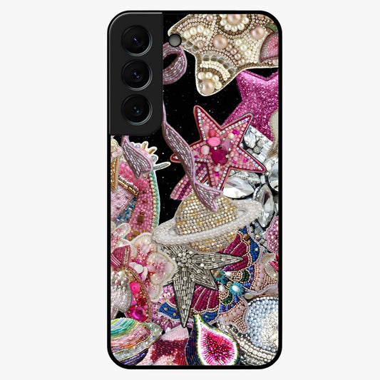 Starlit Jewel Dream Glass Case showing flat back view with sparkling jewel and star themed artwork and glossy glass finish.