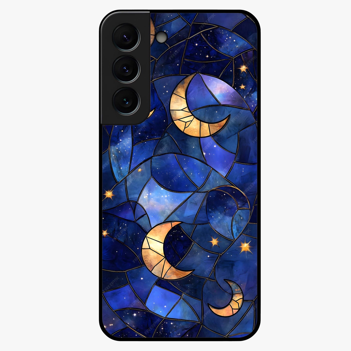 Starlit Sky Tapestry Glass Case showing flat back view with decorative starry sky tapestry artwork and glossy glass finish.