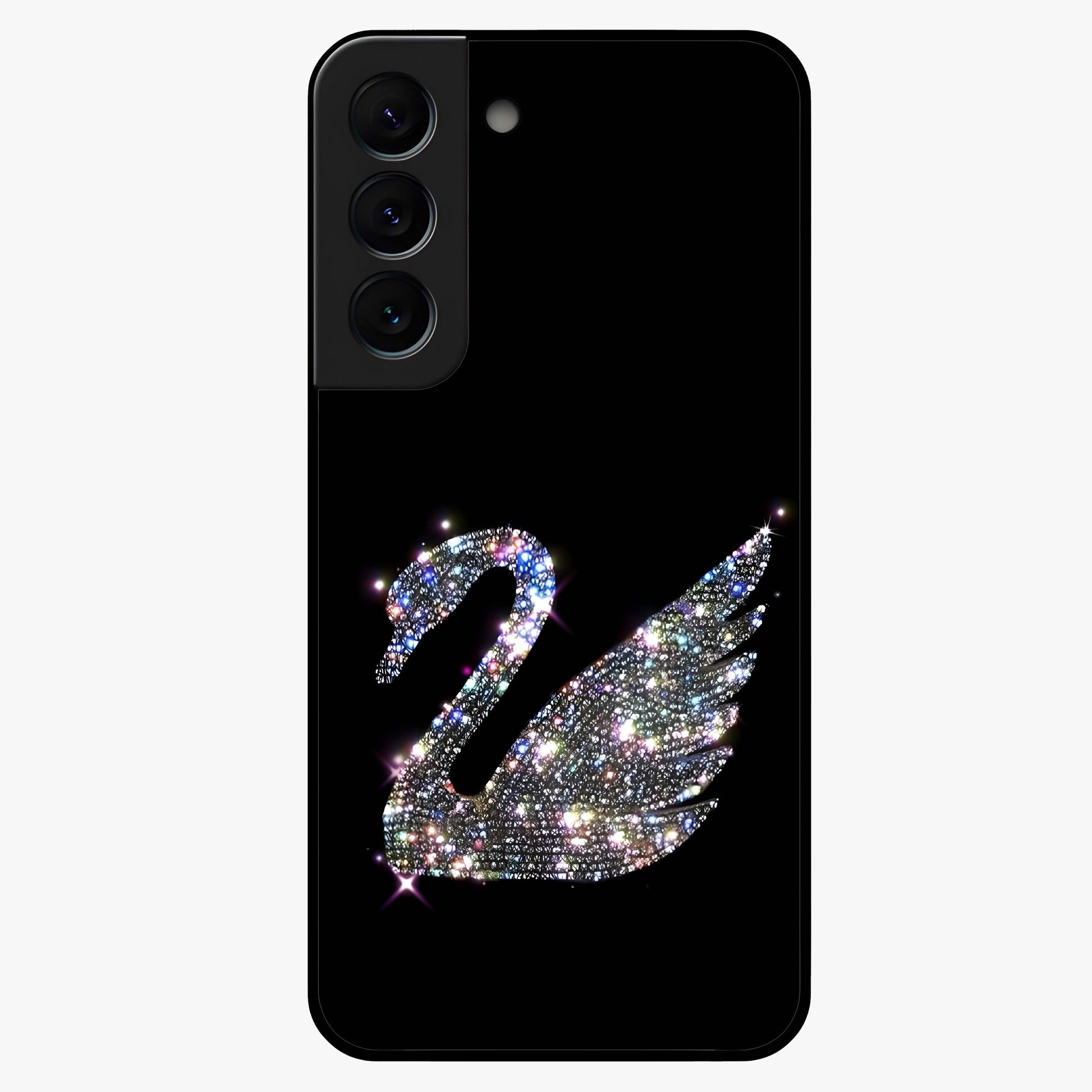 Starlit Swan Grace Glass Case showing flat back view with graceful swan artwork under starry sky and glossy glass finish.