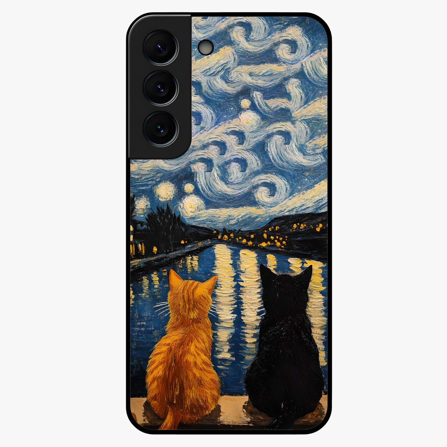 Starry River Cats Glass Case showing flat back view with cats by a starry river artwork and glossy glass finish.