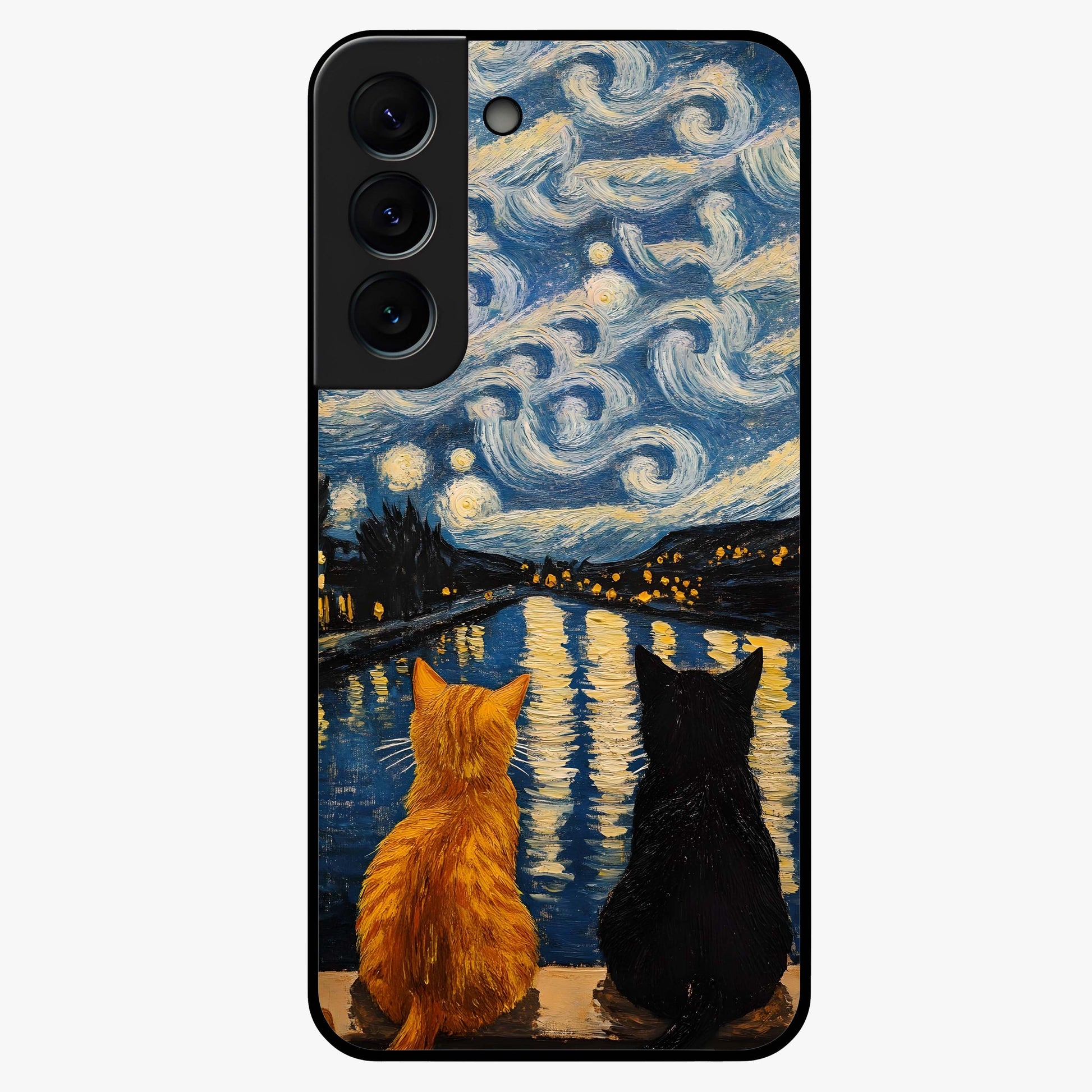 Starry River Cats Glass Case showing flat back view with cats by a starry river artwork and glossy glass finish.
