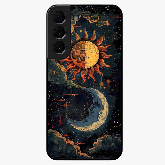 Sun And Moon Magic Design Glass Case showing flat back view with mystical sun and moon artwork and glossy glass finish.