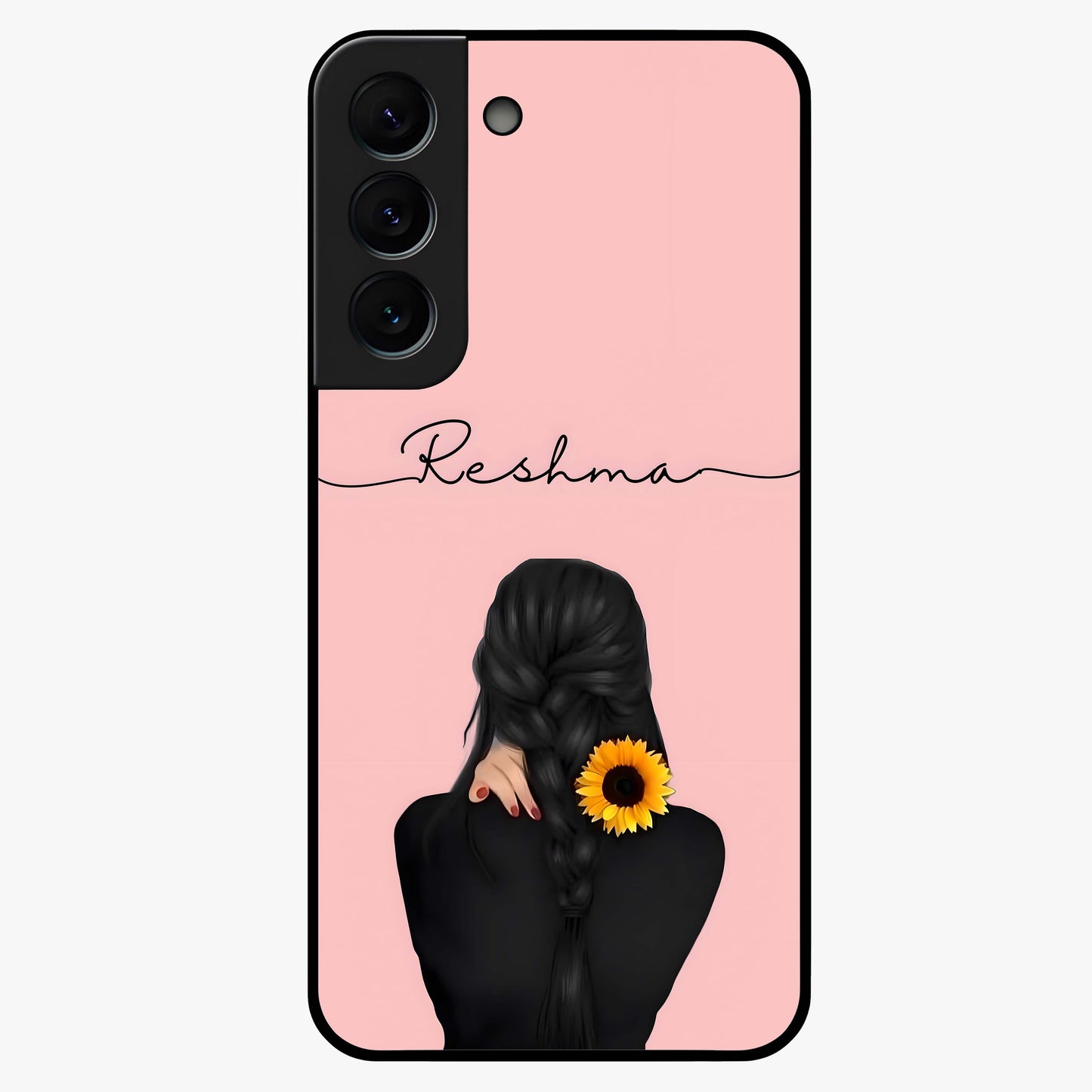 Sunflower Braid Beauty With Custom Name Glass Case showing flat back view with sunflower braid artwork and personalized name design.