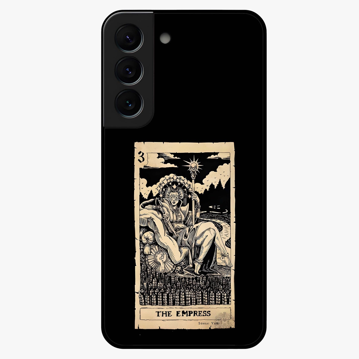 The Empress Glass Case showing flat back view with regal feminine artwork and glossy glass finish.