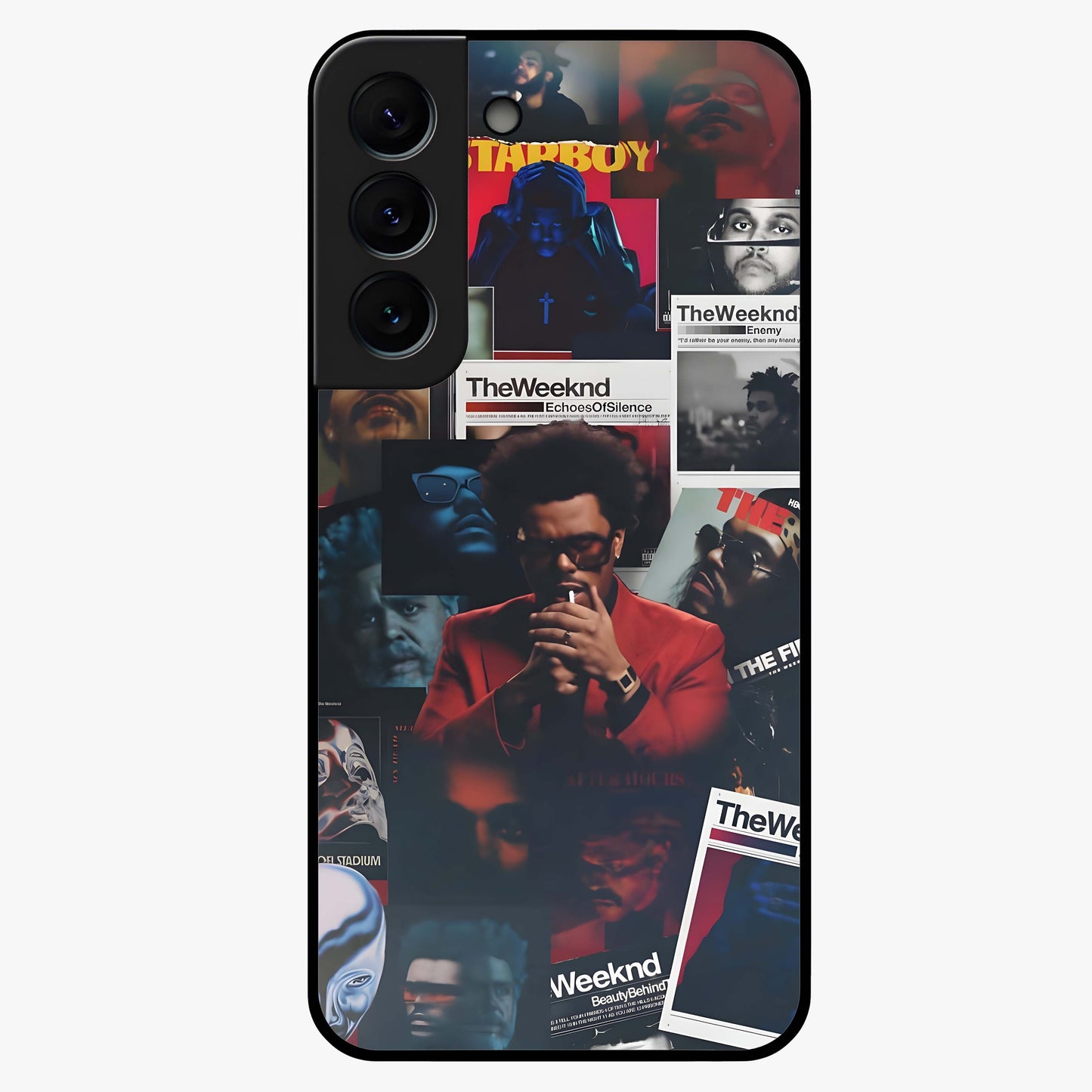The Weeknd Glass Case showing flat back view with music inspired artistic portrait artwork and glossy glass finish.