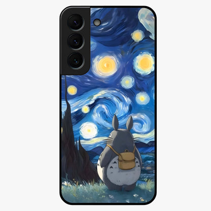 Totoro In Van Gogh Art Glass Case showing flat back view with whimsical character artwork inspired by Van Gogh style and glossy glass finish.
