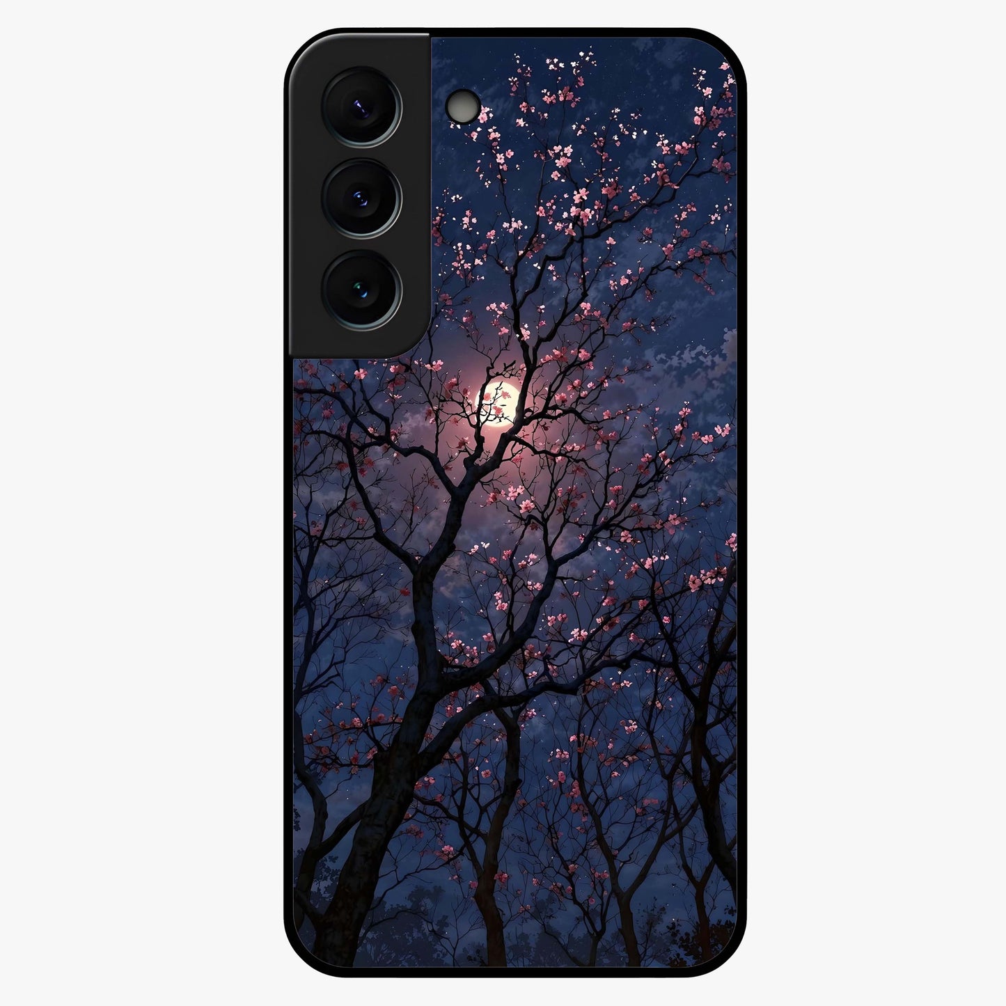 Twilight Sakura Serenade Glass Case showing flat back view with cherry blossom artwork at twilight and glossy glass finish.