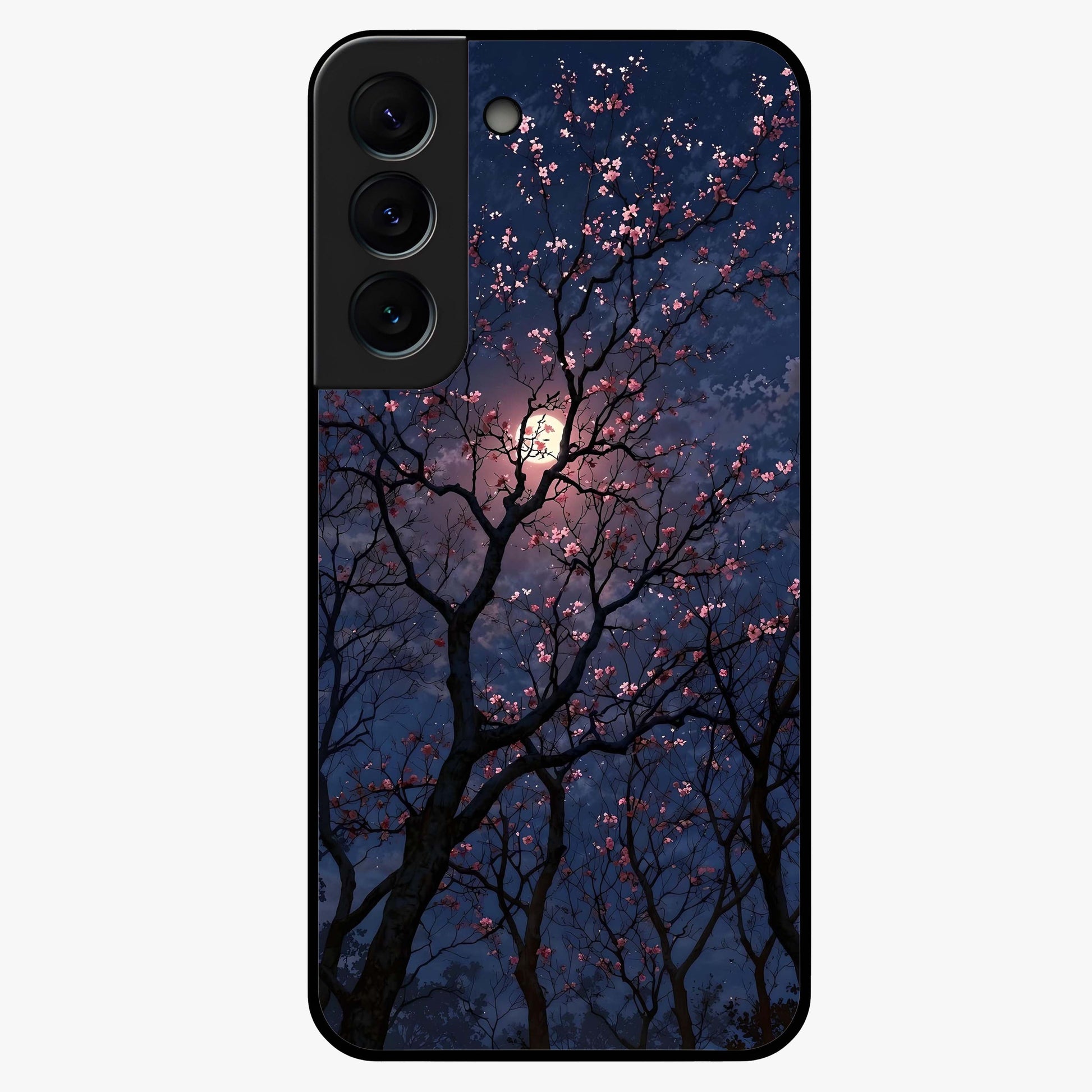 Twilight Sakura Serenade Glass Case showing flat back view with cherry blossom artwork at twilight and glossy glass finish.