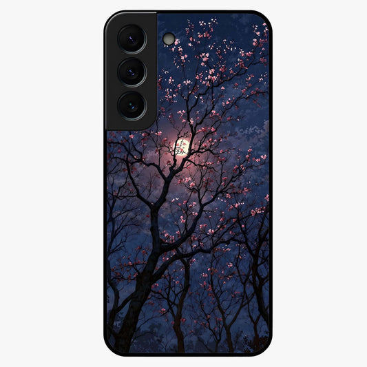 Twilight Sakura Serenade Glass Case showing flat back view with cherry blossom artwork at twilight and glossy glass finish.