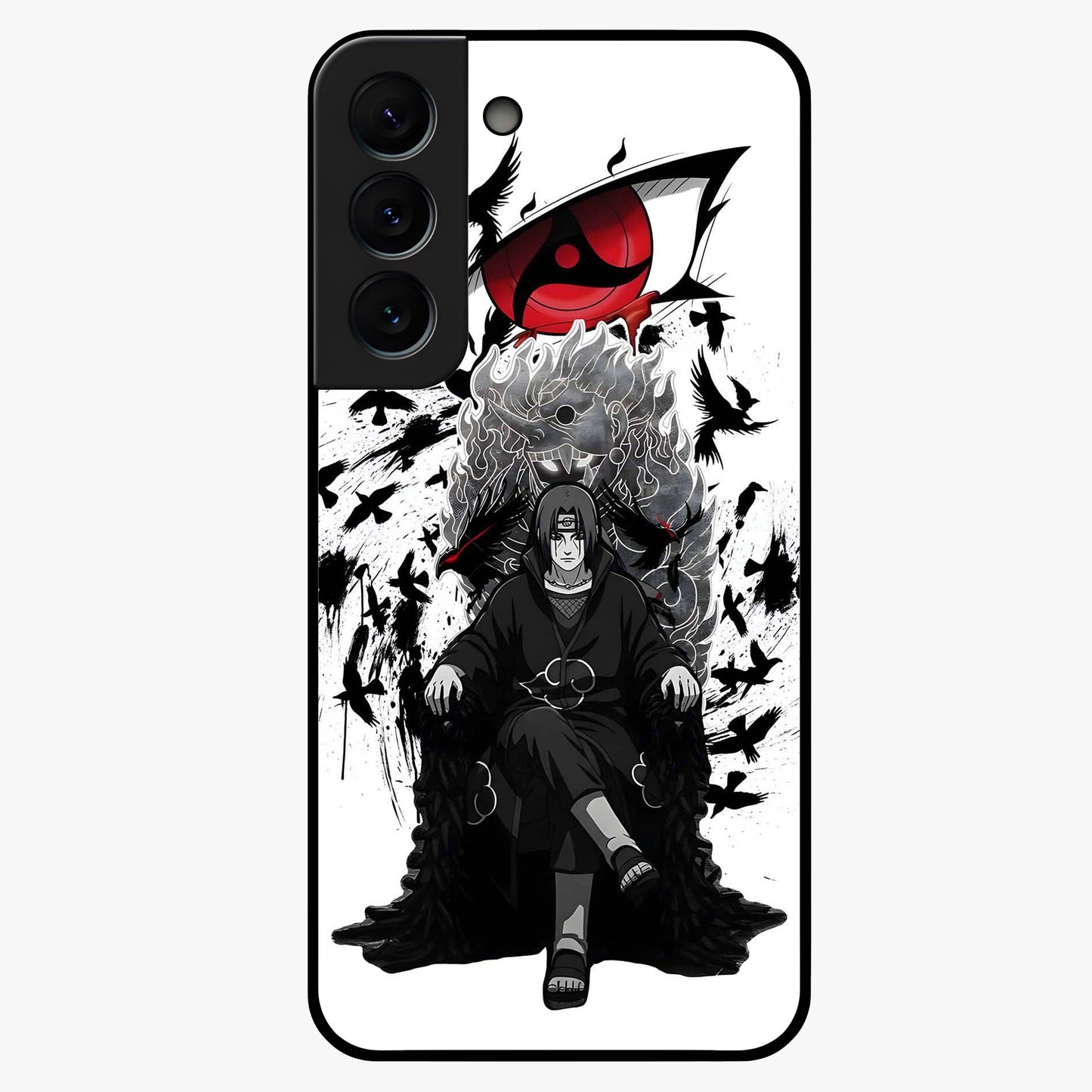 Uchiha Shadow Throne Glass Case showing flat back view with cosmic underwater themed artwork and glossy glass finish.