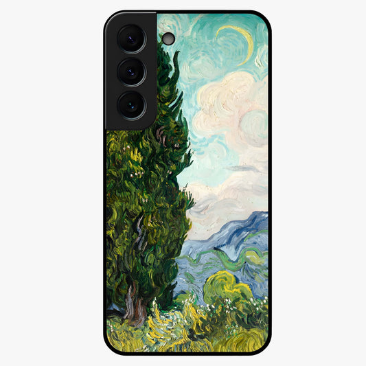 Van Gogh Vintage Art Glass Case showing flat back view with vintage painterly artwork inspired by Van Gogh style and glossy glass finish.