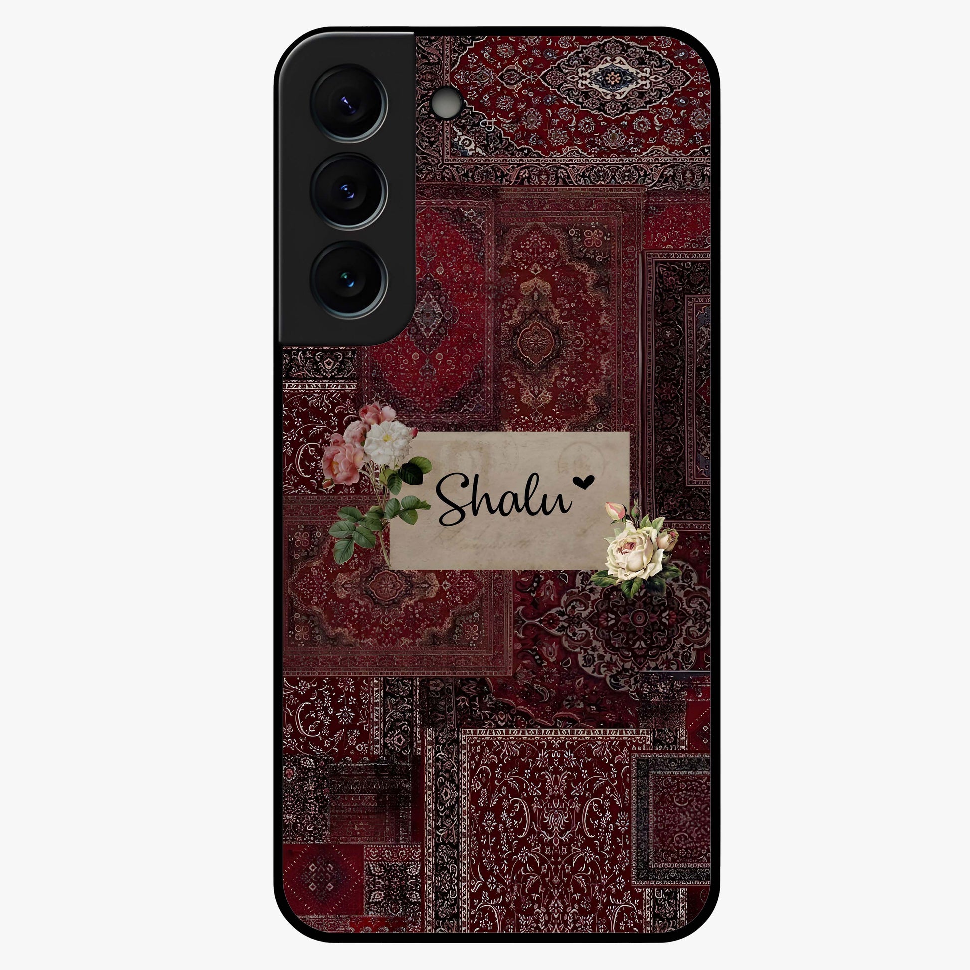 Velvet Wine Pattern Custom Name Glass Case showing flat back view with elegant wine colored pattern artwork and personalized name design.