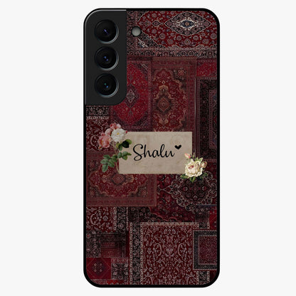 Velvet Wine Pattern Custom Name Glass Case showing flat back view with elegant wine colored pattern artwork and personalized name design.