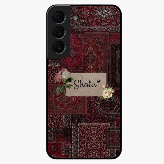 Velvet Wine Pattern Custom Name Glass Case showing flat back view with elegant wine colored pattern artwork and personalized name design.