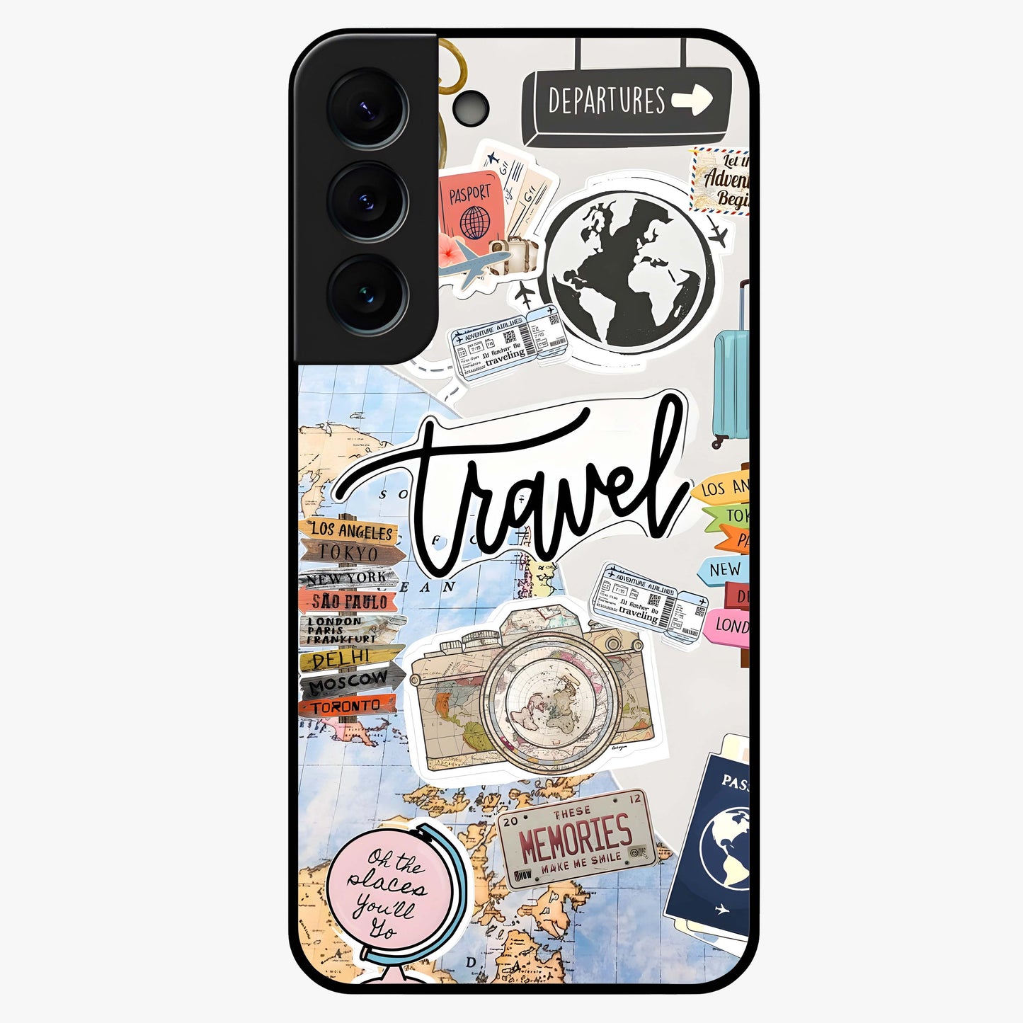 Wanderlust Journal Glass Case showing flat back view with travel inspired artwork and glossy glass finish.