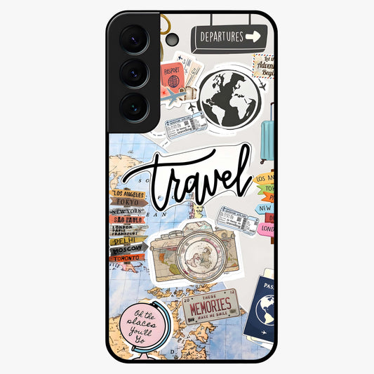 Wanderlust Journal Glass Case showing flat back view with travel inspired artwork and glossy glass finish.