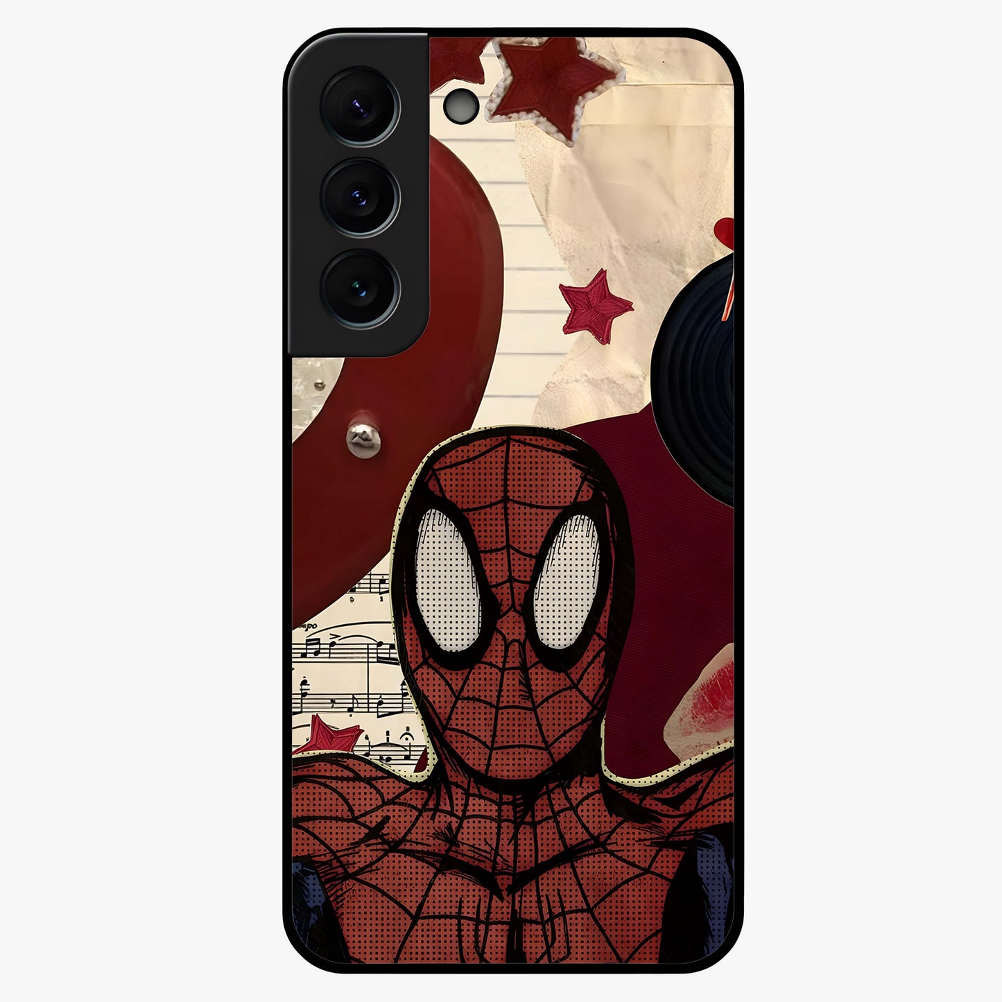 Web Warrior Vibes Glass Case showing flat back view with superhero inspired web themed artwork and glossy glass finish.