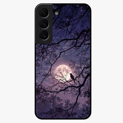 Whispering Moon Silence Glass Case showing flat back view with serene moon themed artwork and glossy glass finish.