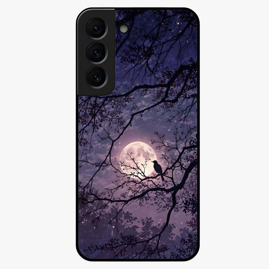 Whispering Moon Silence Glass Case showing flat back view with serene moon themed artwork and glossy glass finish.