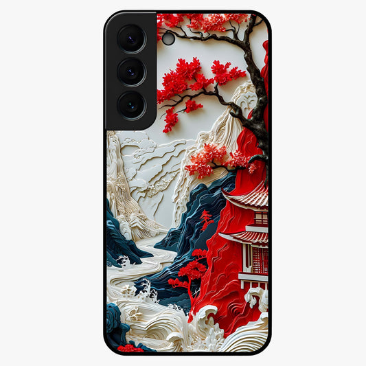 Whispers Of Sakura Waves Glass Case showing flat back view with cherry blossom wave artwork and glossy glass finish.