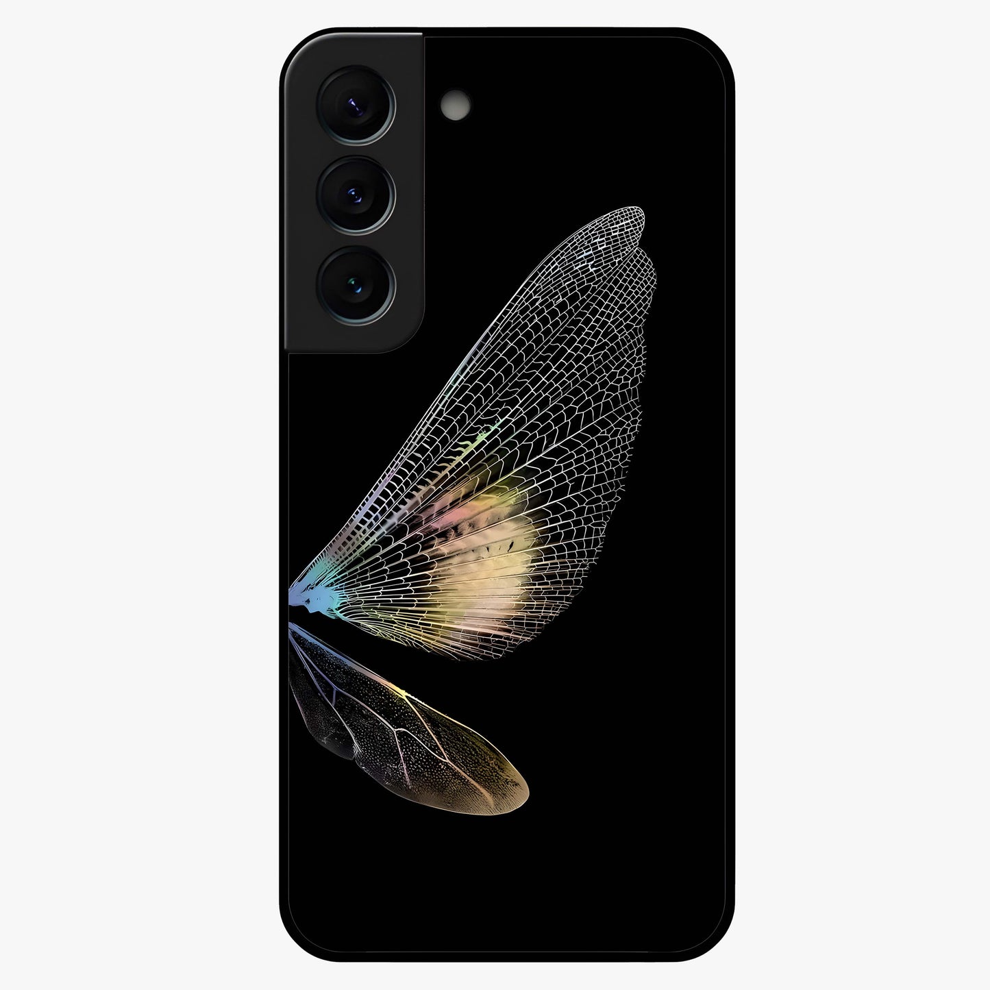 Whispers Of Wings Glass Case showing flat back view with graceful wing inspired artwork and glossy glass finish.