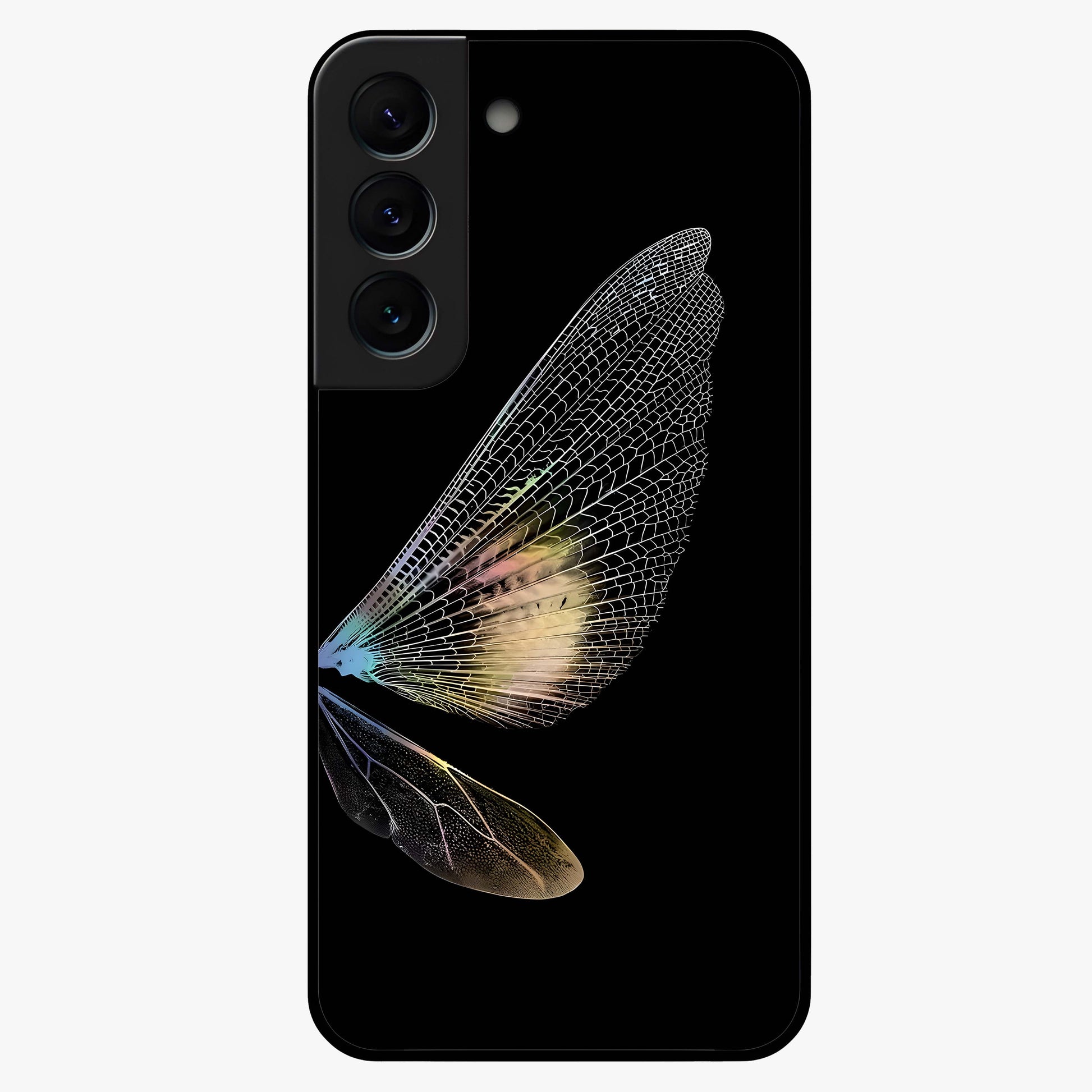 Whispers Of Wings Glass Case showing flat back view with graceful wing inspired artwork and glossy glass finish.