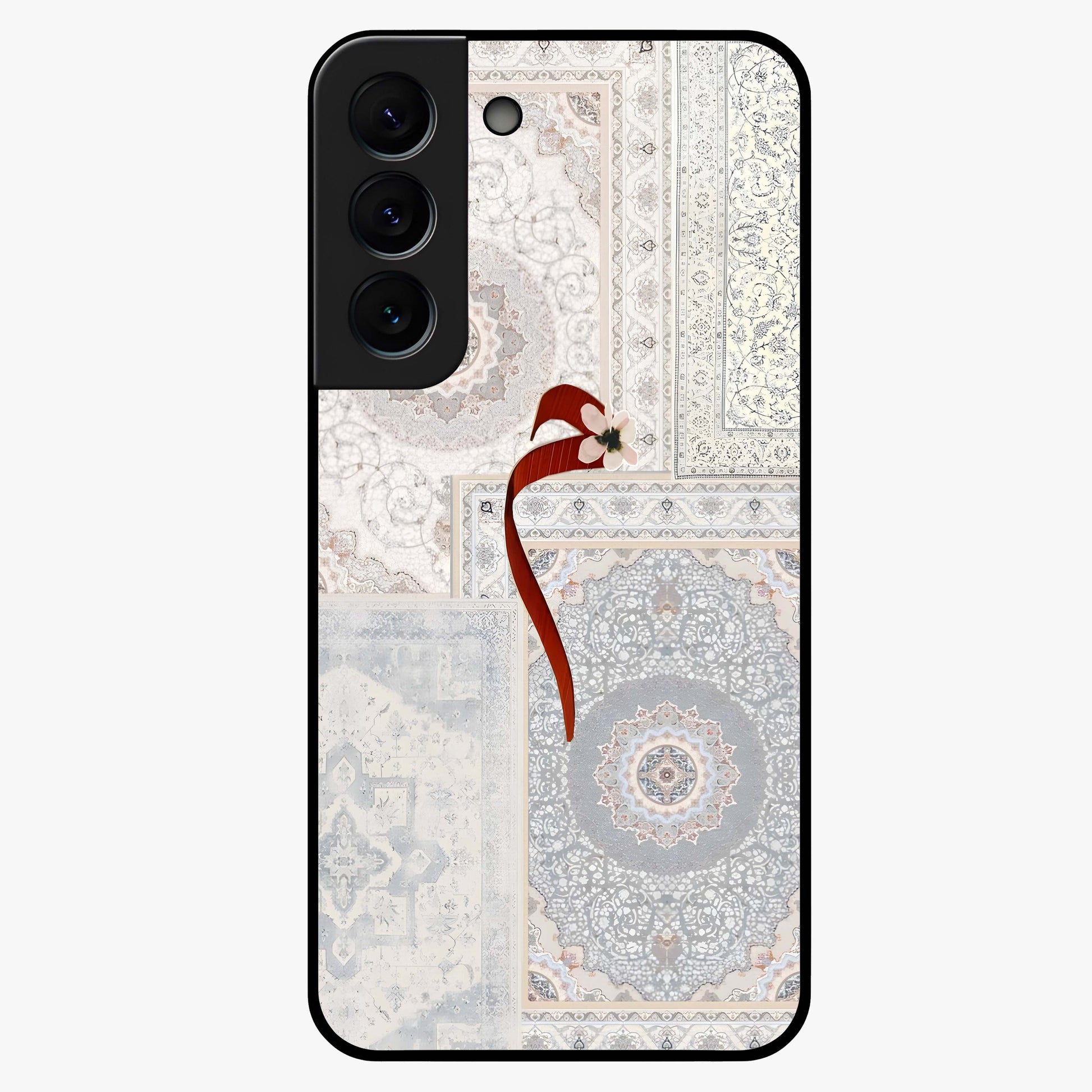 White Aesthetic Bow Glass Case showing flat back view with minimal bow artwork and glossy glass finish.