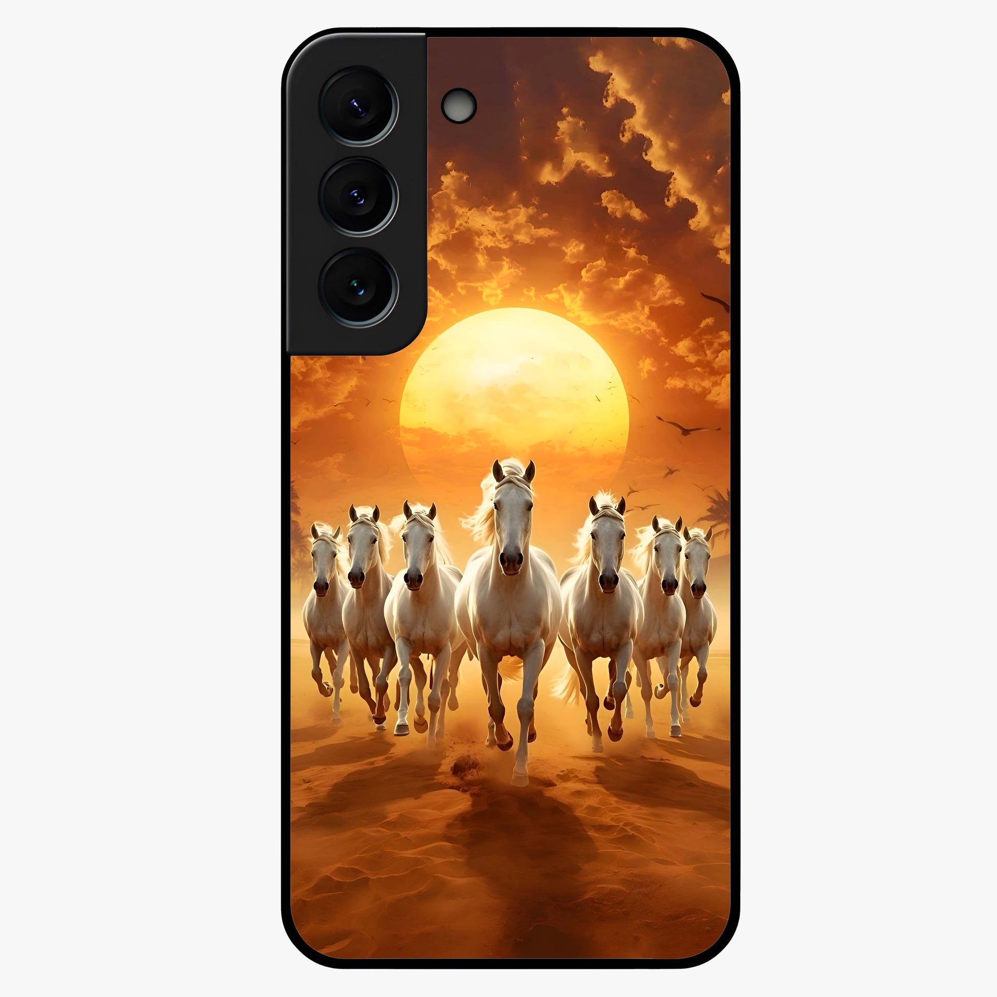 Wild Sunset Majesty Glass Case showing flat back view with majestic sunset landscape artwork and glossy glass finish.