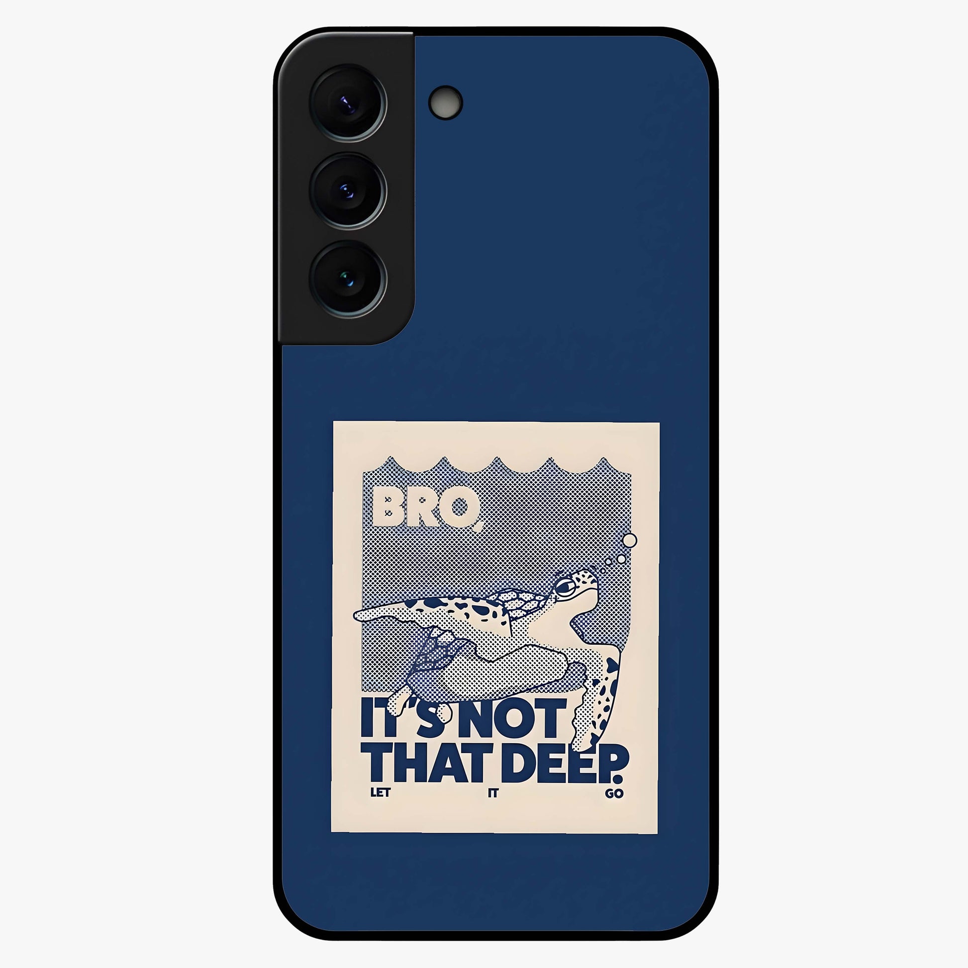 Worry Less Swim Glass Case showing flat back view with playful motivational artwork and glossy glass finish.