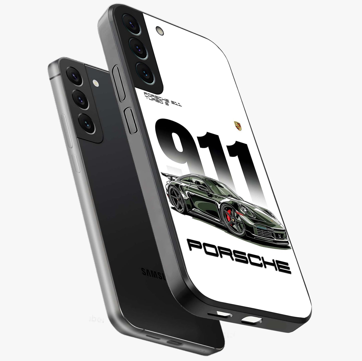 911 Turbo Dominance Glass Case displayed in premium angled mockup highlighting sporty car illustration and sleek glass surface.