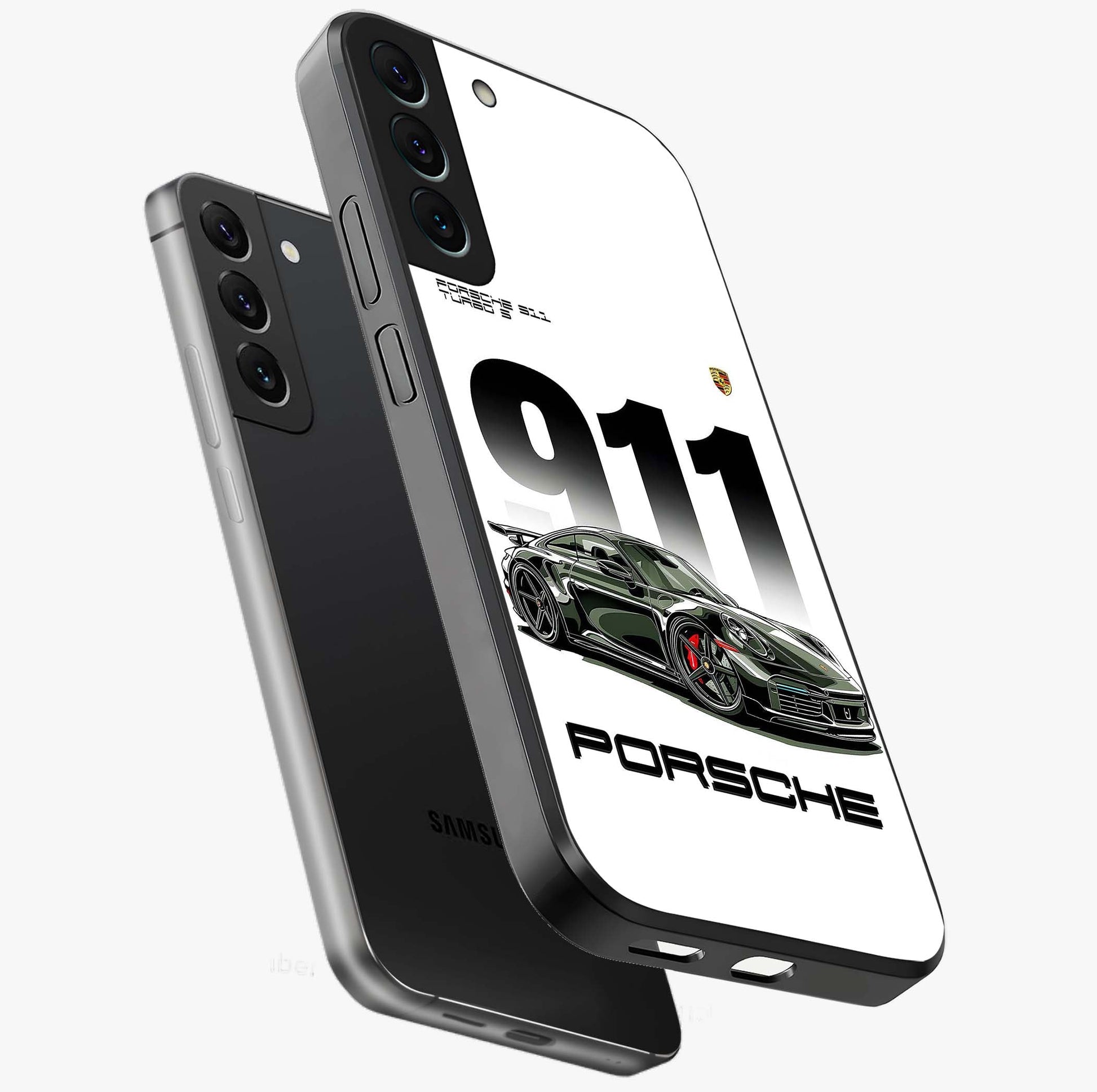 911 Turbo Dominance Glass Case displayed in premium angled mockup highlighting sporty car illustration and sleek glass surface.
