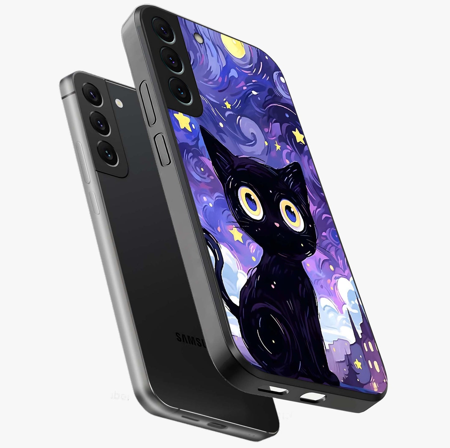 Abstract Cat Art Glass Case displayed in angled mockup highlighting modern abstract cat artwork and sleek glass surface.