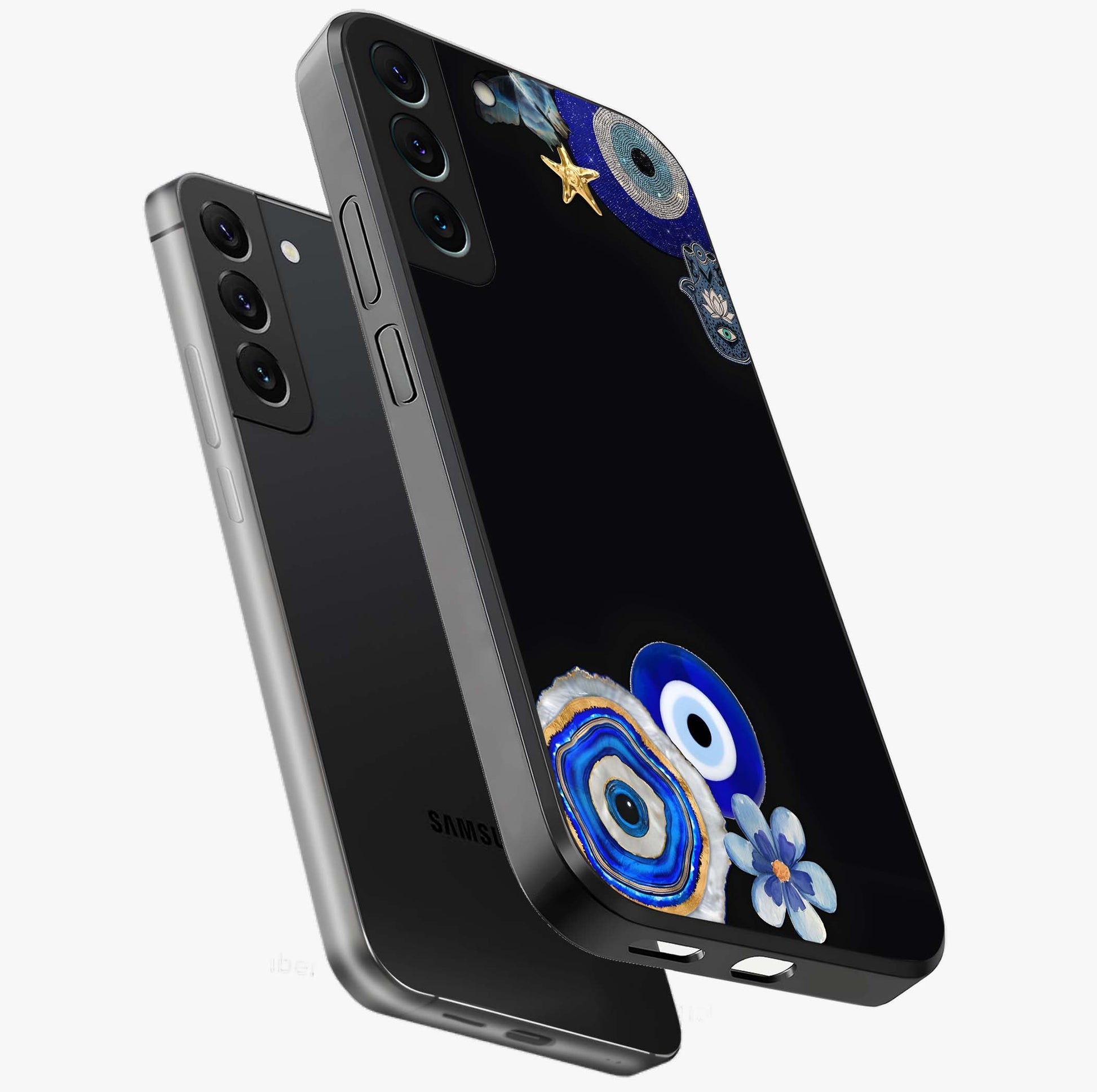 Aesthetic Blue Evil Eye Glass Case displayed in angled mockup highlighting blue evil eye symbol and spiritual aesthetic design.