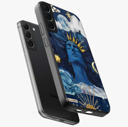 Aesthetic Lord Shiva Glass Case displayed in angled mockup highlighting spiritual Shiva illustration and sacred aesthetic design.