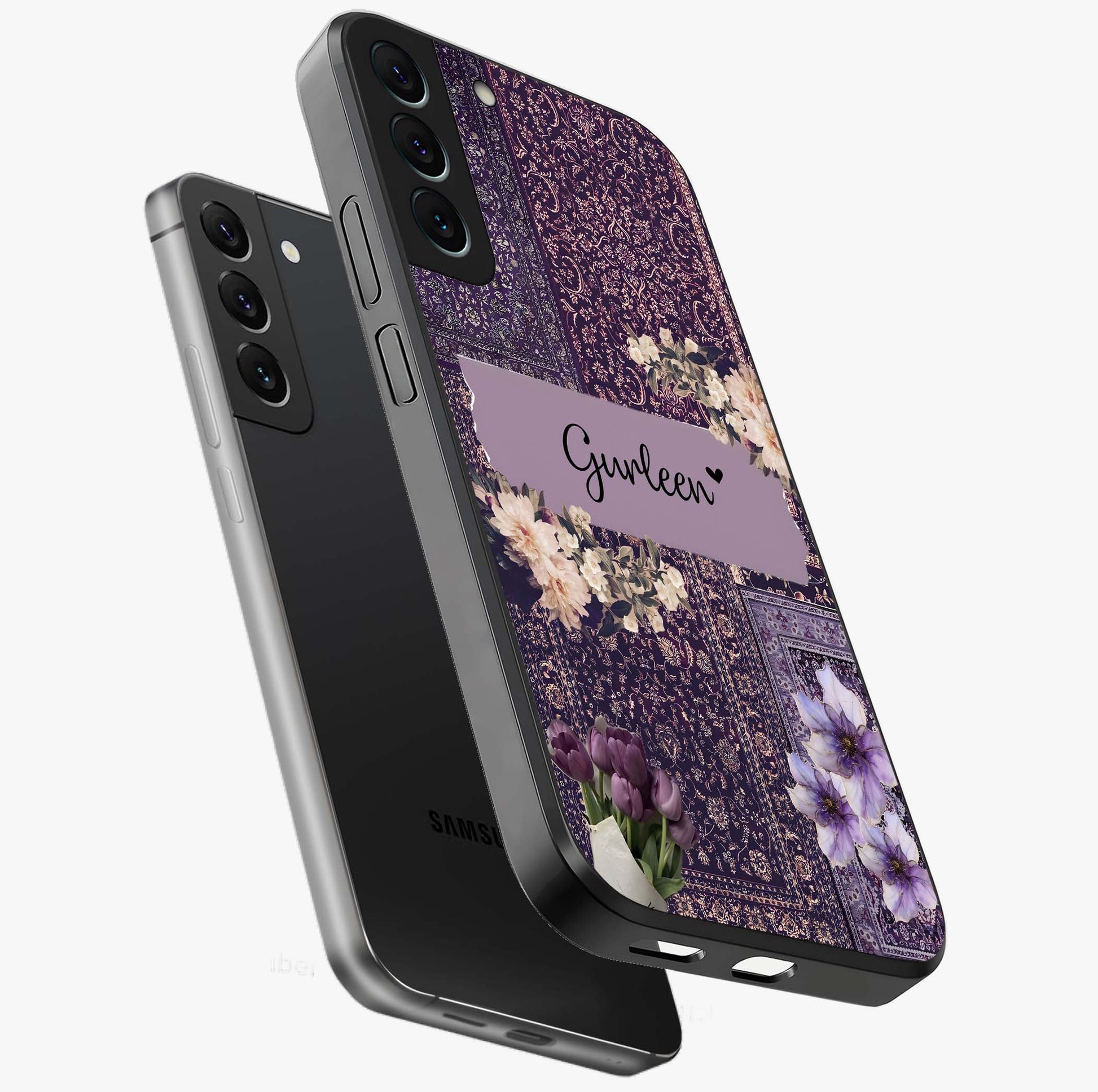 Antique Floral Whisper Custom Name Glass Case displayed in angled mockup highlighting elegant antique floral aesthetic.