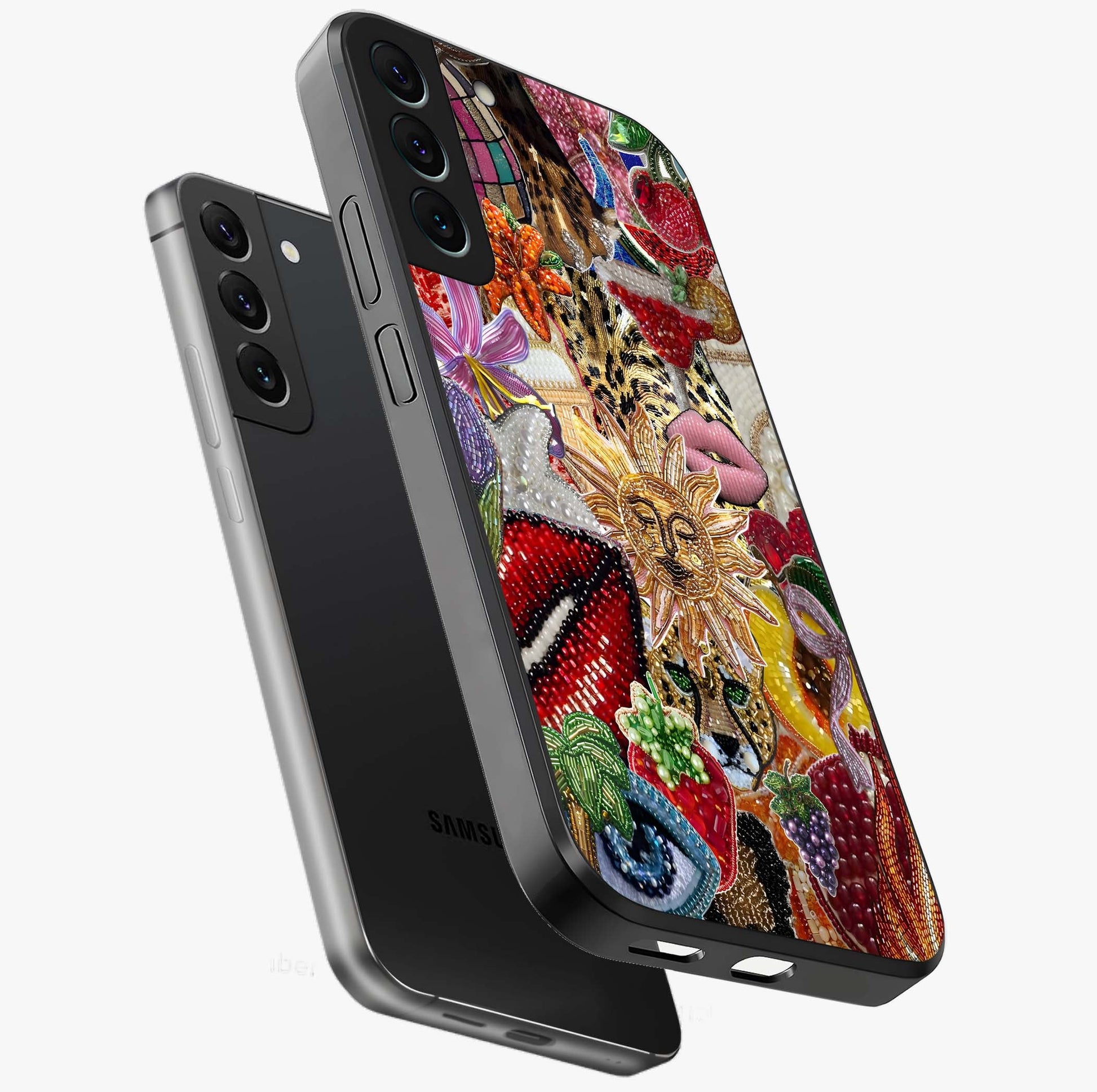 Beaded Fashion Jungle Glass Case displayed in angled mockup highlighting colorful fashion bead design and artistic pattern.