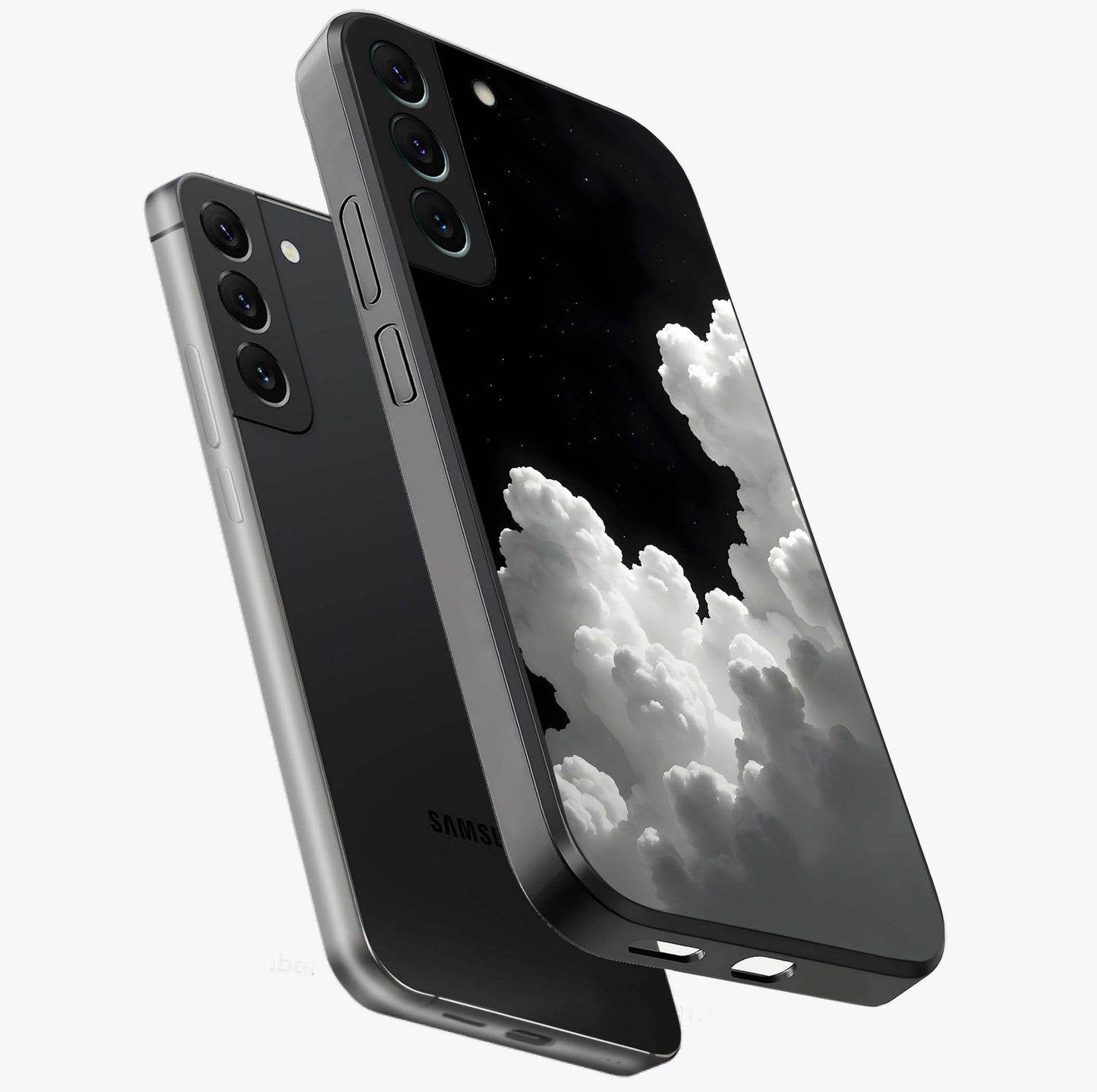 Black Background With White Cloud Glass Case displayed in angled mockup highlighting soft white cloud illustration and minimal design.