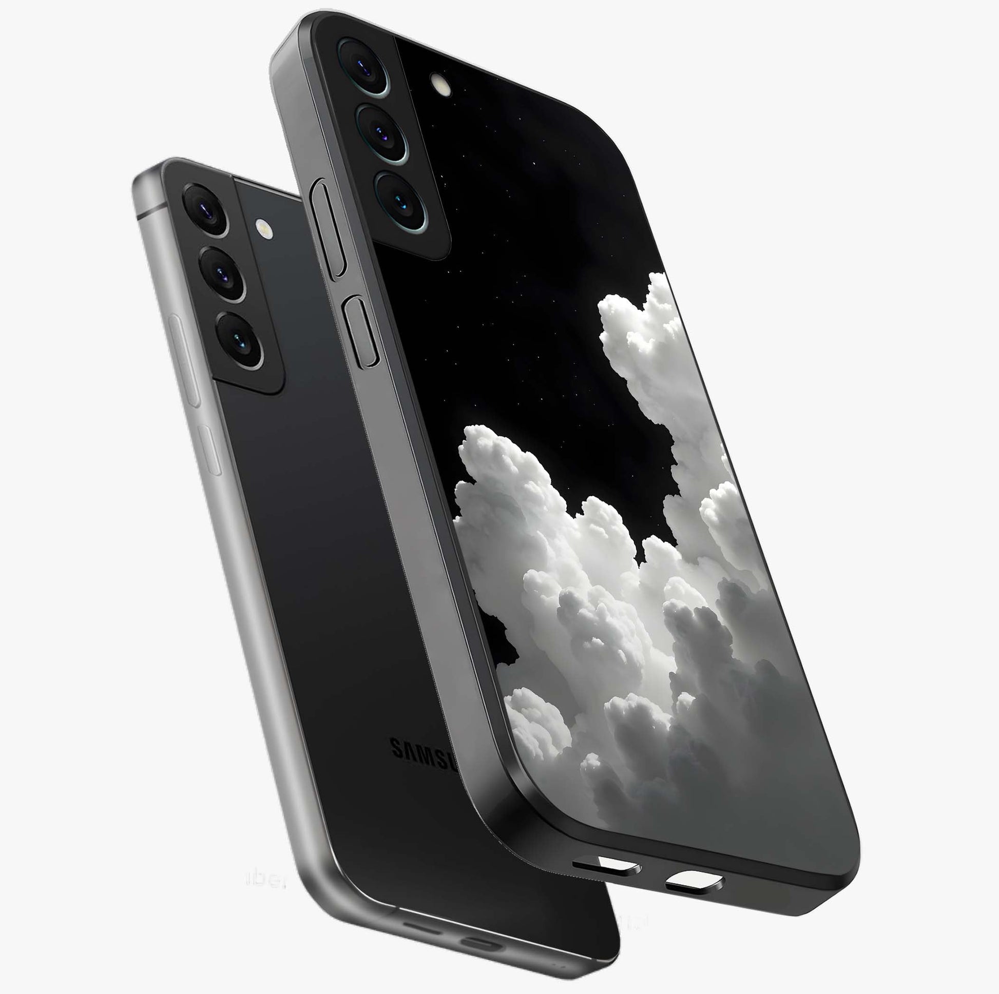 Black Background With White Cloud Glass Case displayed in angled mockup highlighting soft white cloud illustration and minimal design.